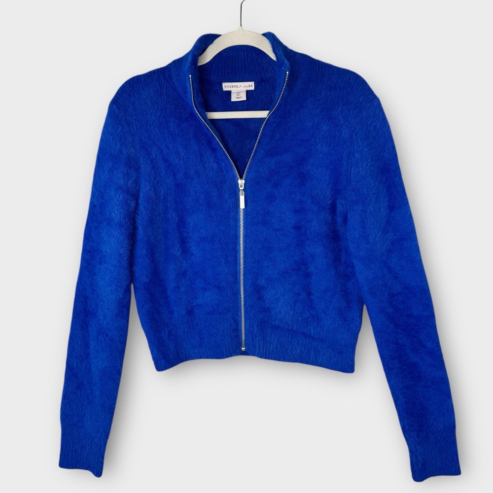 Sincerely Jules Vibrant Blue Cropped Teddy Jacket L Full-Zip Mockneck Cardigan